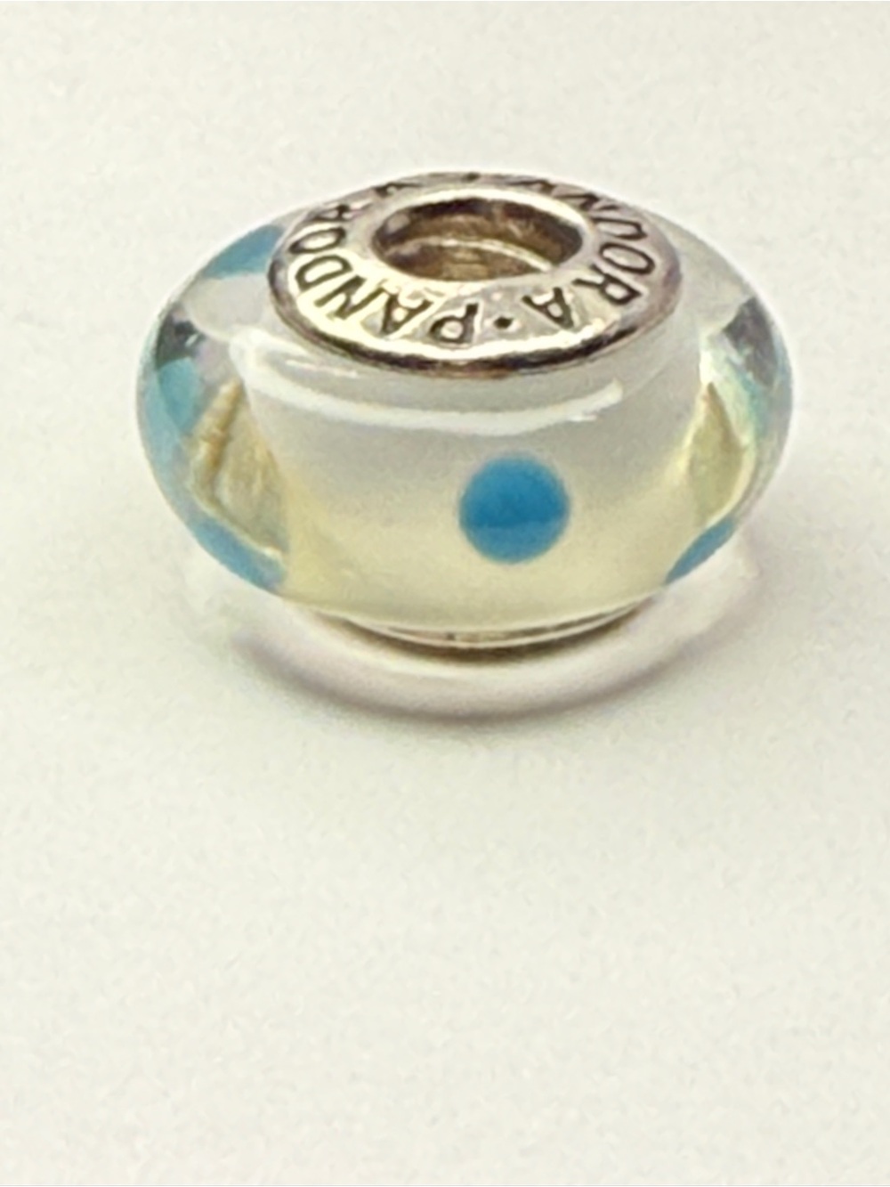 Retired Pandora White Teal Polka Dot Murano Charm 790608 Sterling 924 ALE